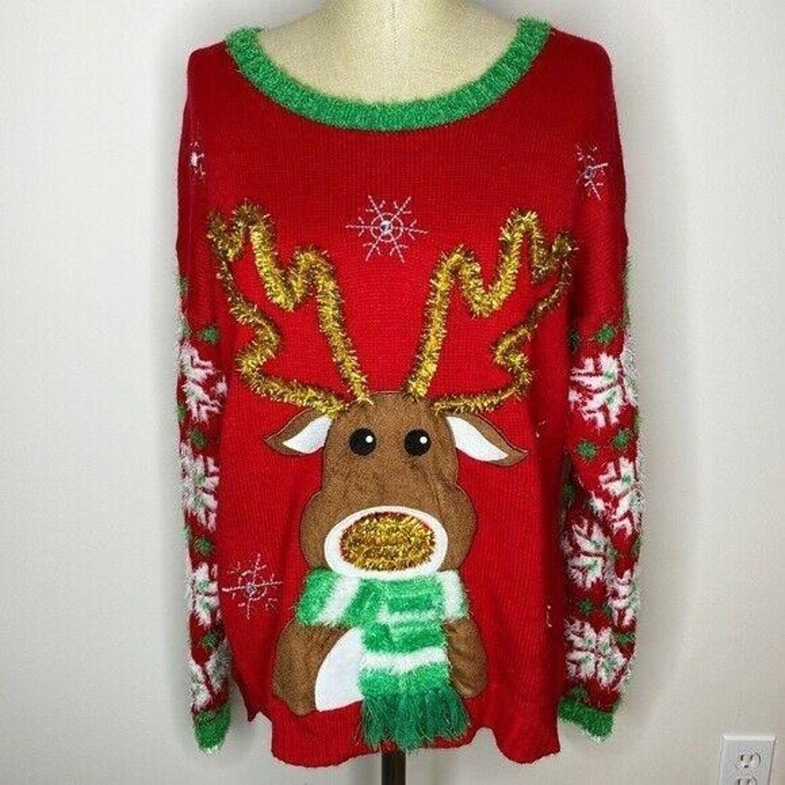 United States Sweaters Sweater Womens Size L Red Tinsel Reindeer Christmas