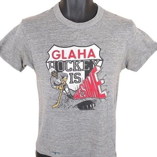 Vintage GLAHA Ice Hockey T Shirt Mens Size Small Gray 80s Greater Lansing MI