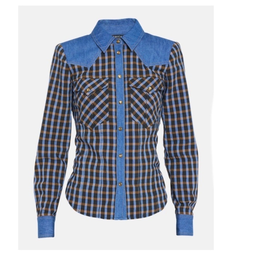 NWT Veronica Beard Reid Denim Plaid Snap Shirt Western Yoke Oxford Size Smalll