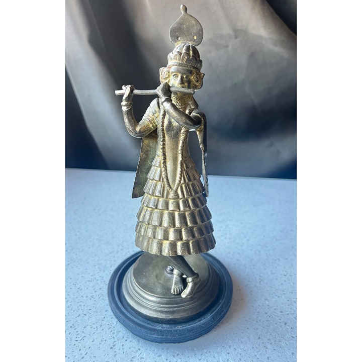 Antique Bronze Krishna Flute Player Figurine On Black Base 8.75 Tall