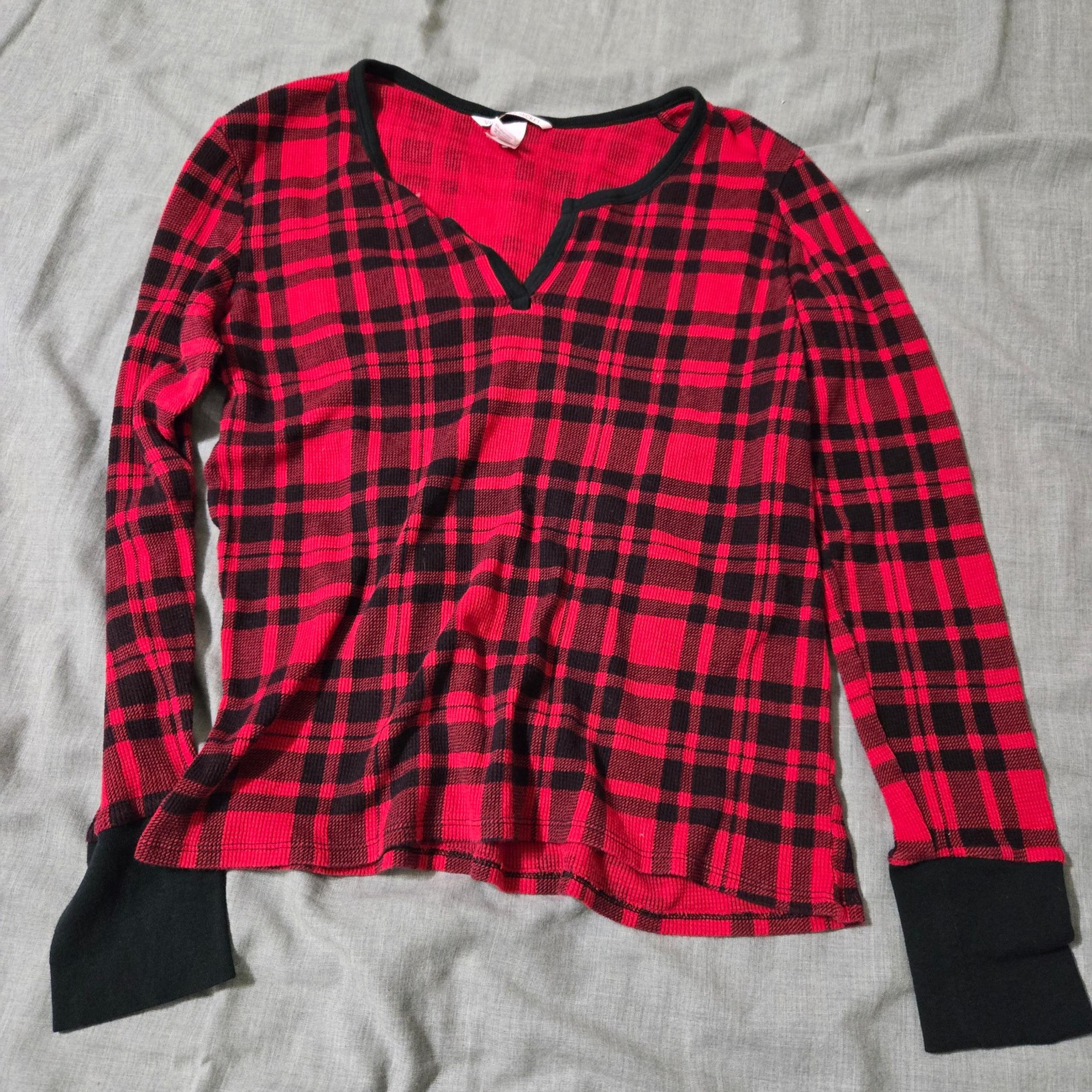 Victoria Secret Buffalo Plaid Thermal Long Sleeve PJ Top Womens Medium Black Red