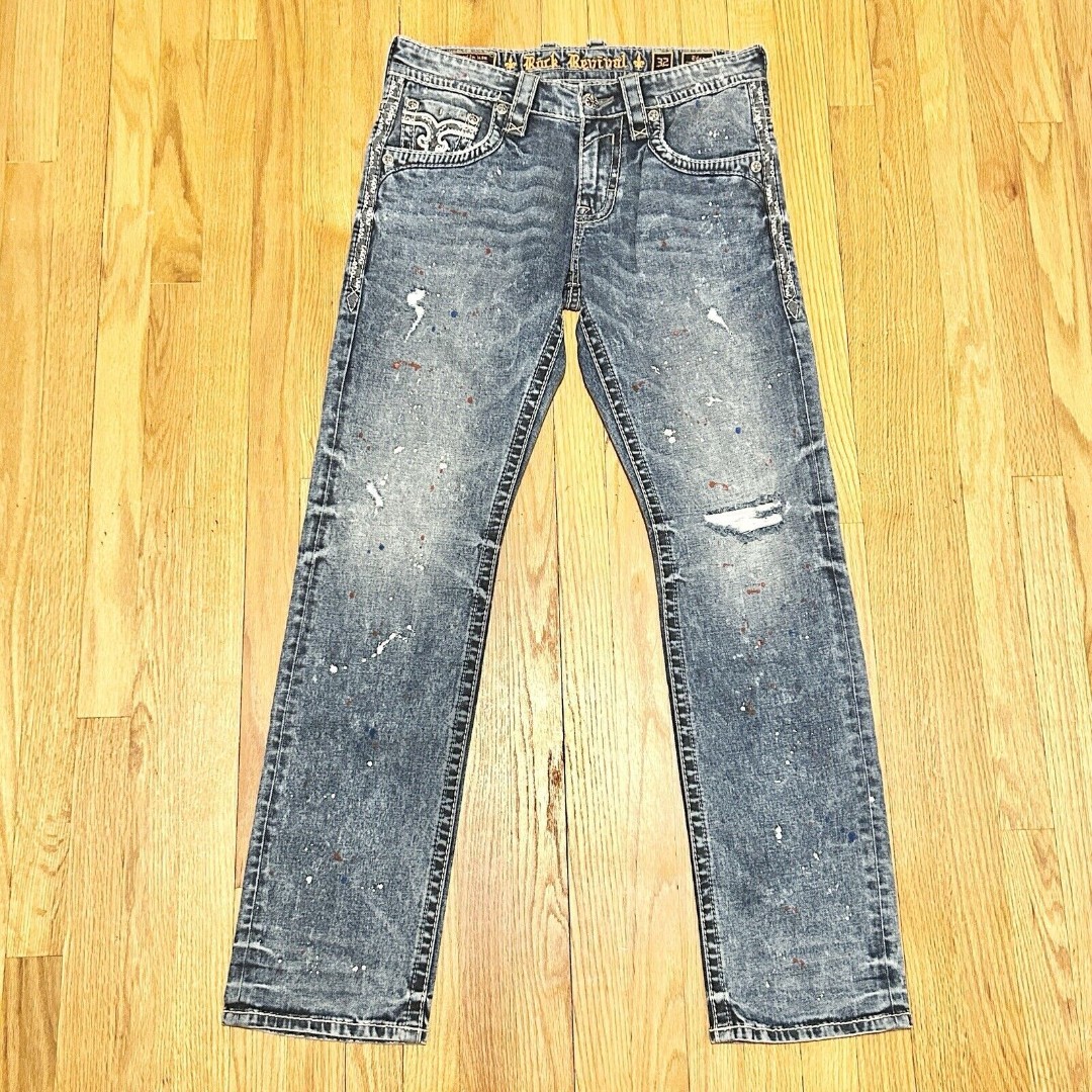 Rock Revival Men’s Size 32x33 Edan Straight Leg Splatter Distressed Cotton Jeans