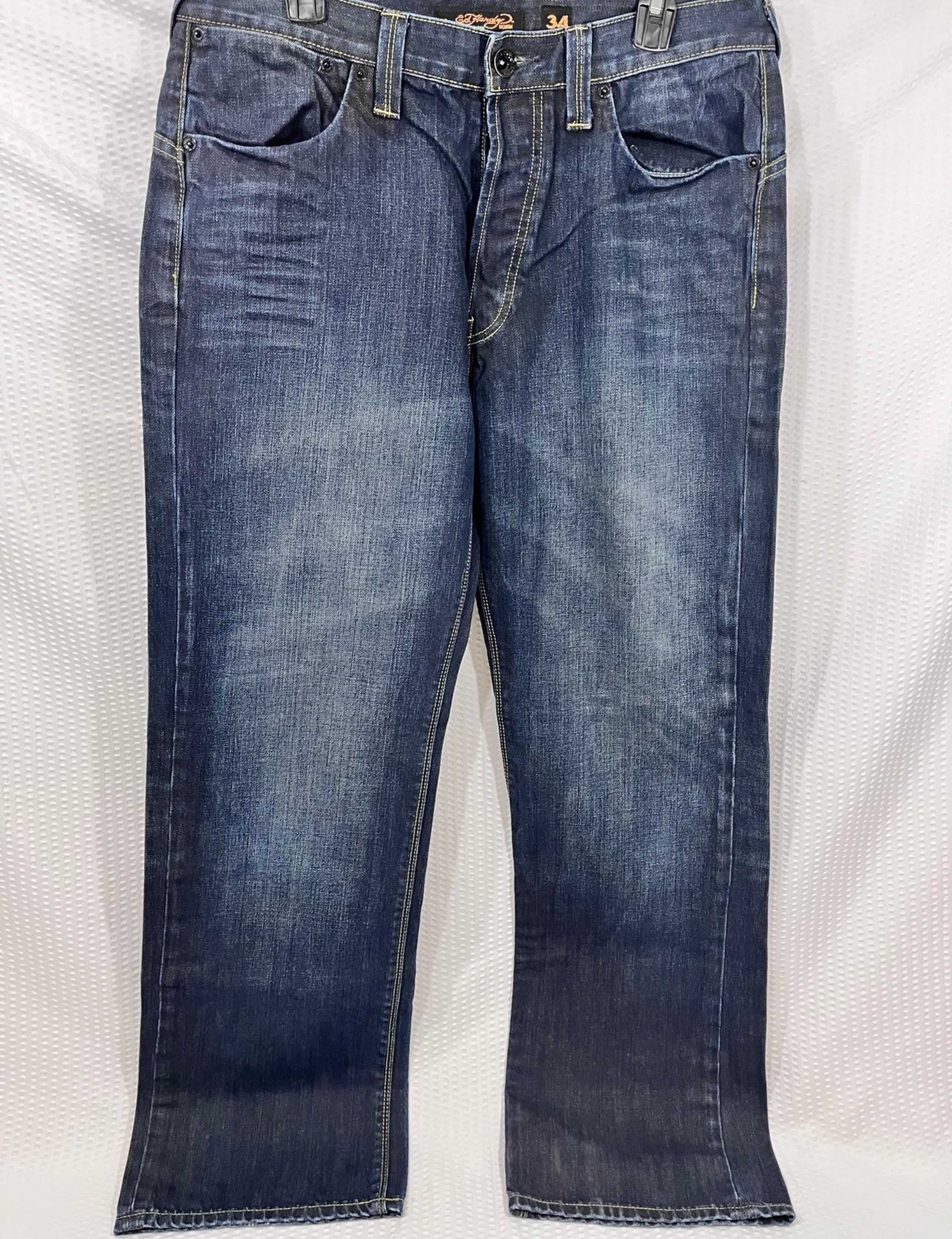 Ed Hardy Distressed Button Fly Men's Size 34x32 Jeans Baggy Ed Logo Pocket Y2K