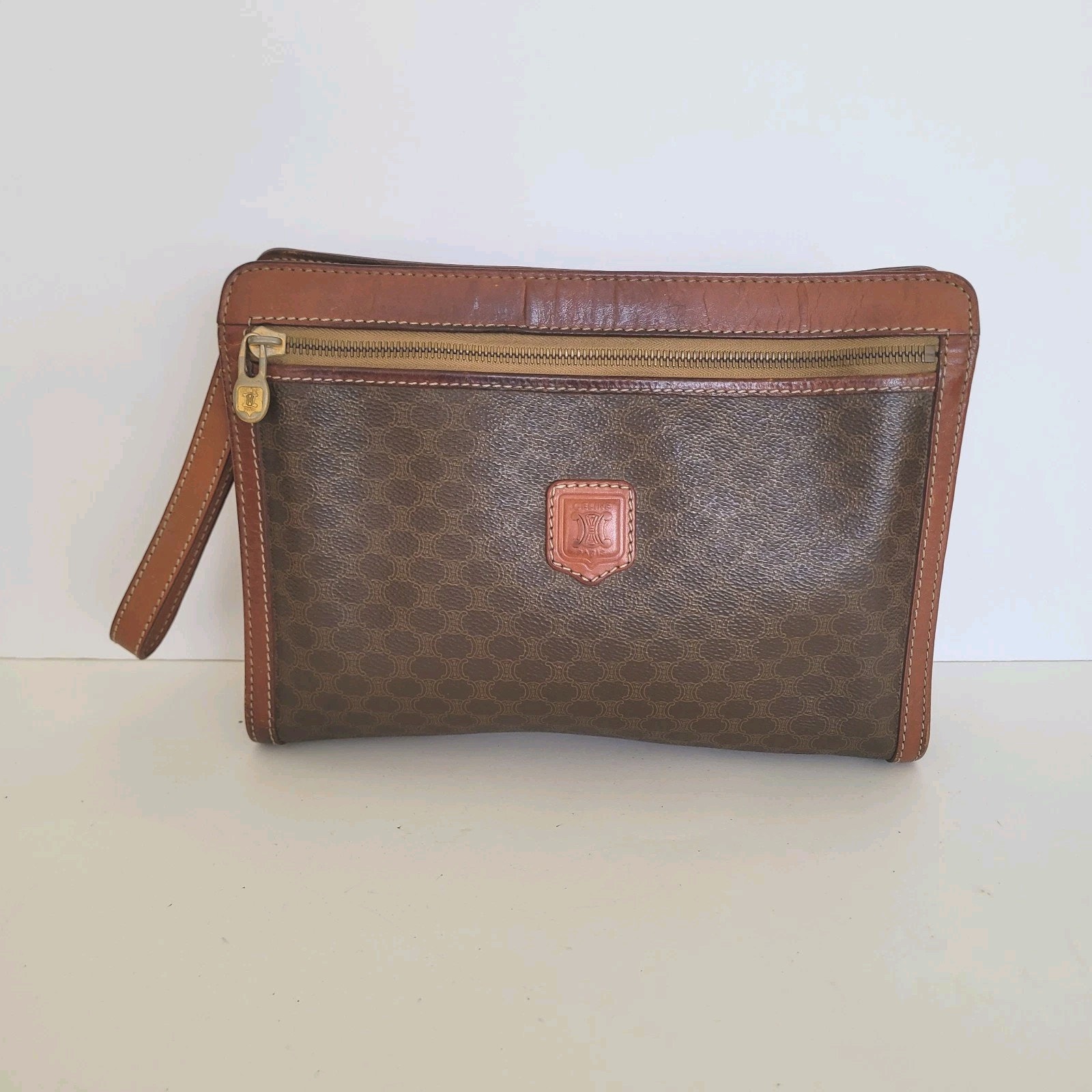 Celine Macadam Vintage Wristlet Clutch Bag Zip Brown Medium Retro Pouch Designer