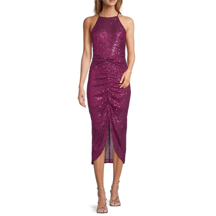 Belle Badgley Mischka Isabella Sequin Dress in Fuchsia Pink Mock Neck Size 8