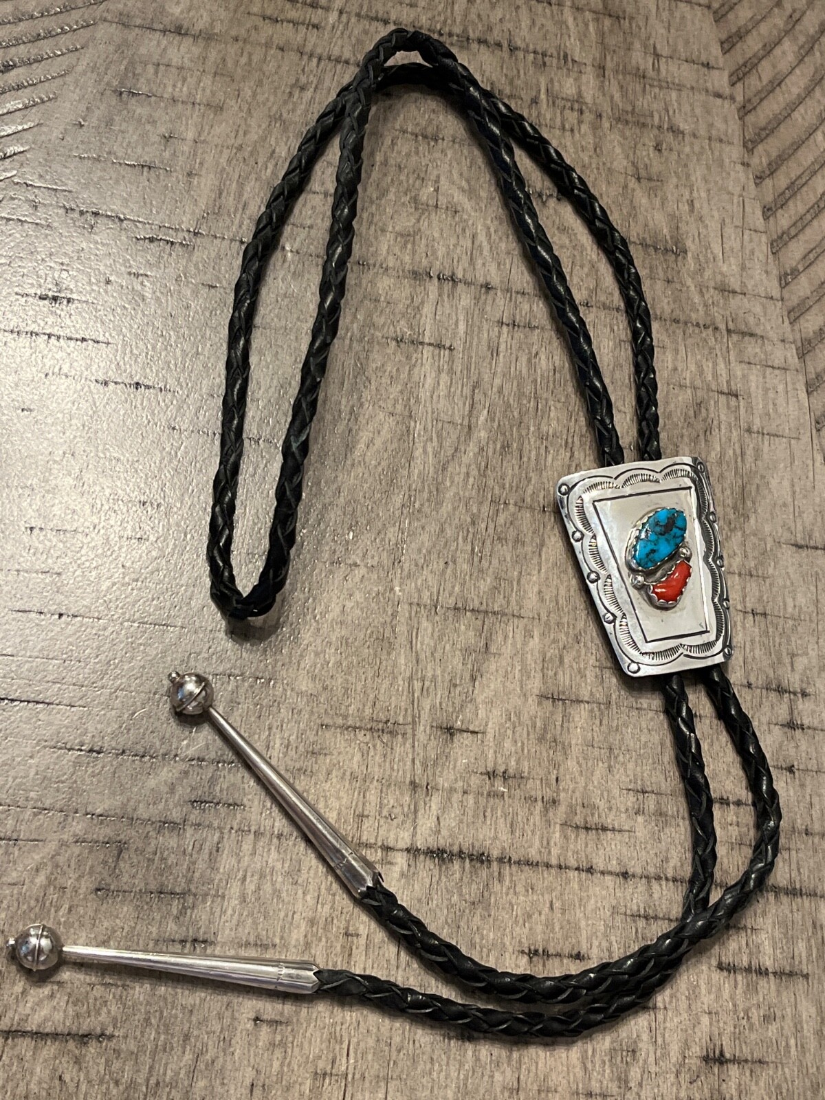 Old pawn sterling turquoise coral bolo 40 leather braided tie 051125bBIZCB