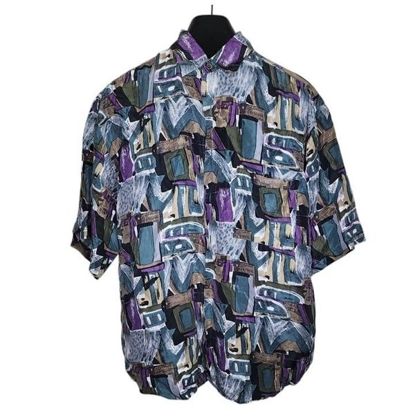 Vintage 90s Bruno Italy Silk Button Up Shirt Mens M Blue Baroque