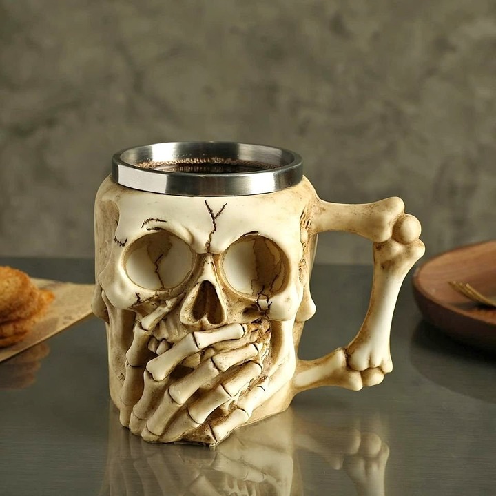 14 oz Stainless Steel Coffee Mug with Skull and Bones Design | Halloween SALE