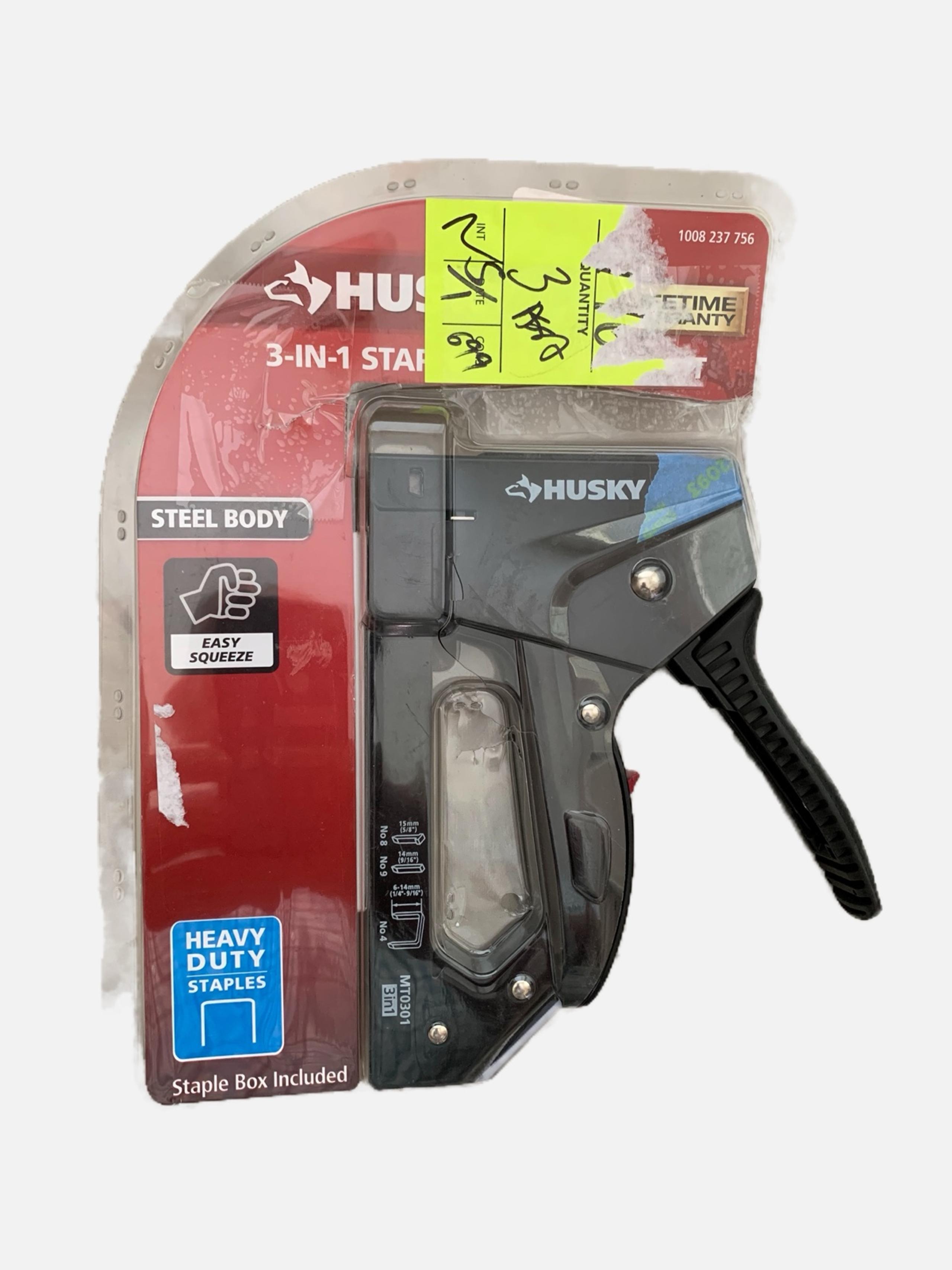 New Husky 3-in-1 Black Staple Gun.  Staples Included.  Steel Body, Easy Squeeze.