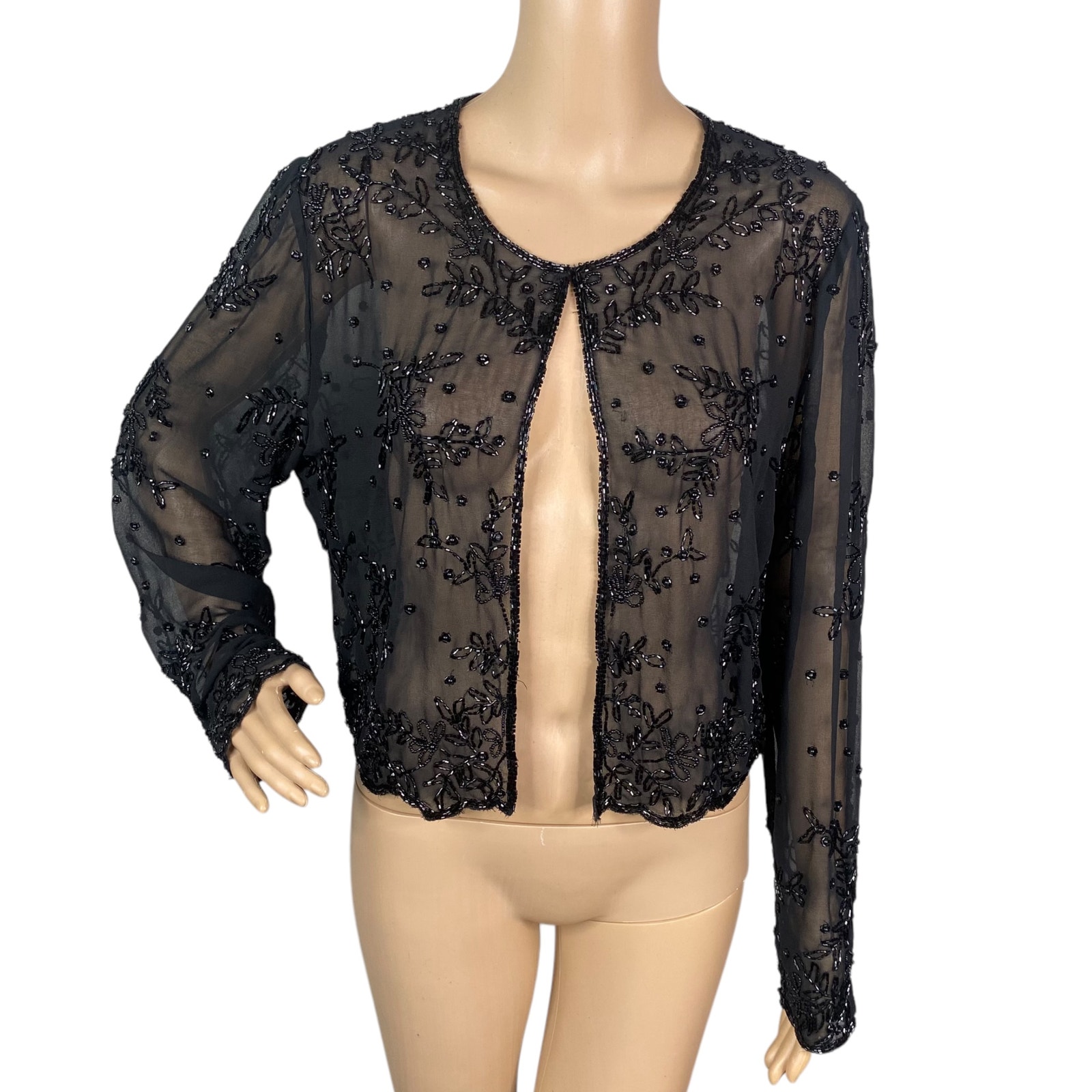 Marina Bresler Vintage Black Chiffon Floral Beaded Embellished Cardigan SZ L