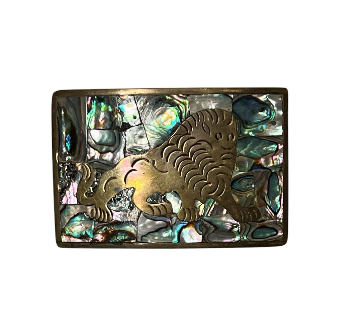 Vintage Lion Belt Buckle Alpaca with Abalone Stamped Mexico Western Streetwear
