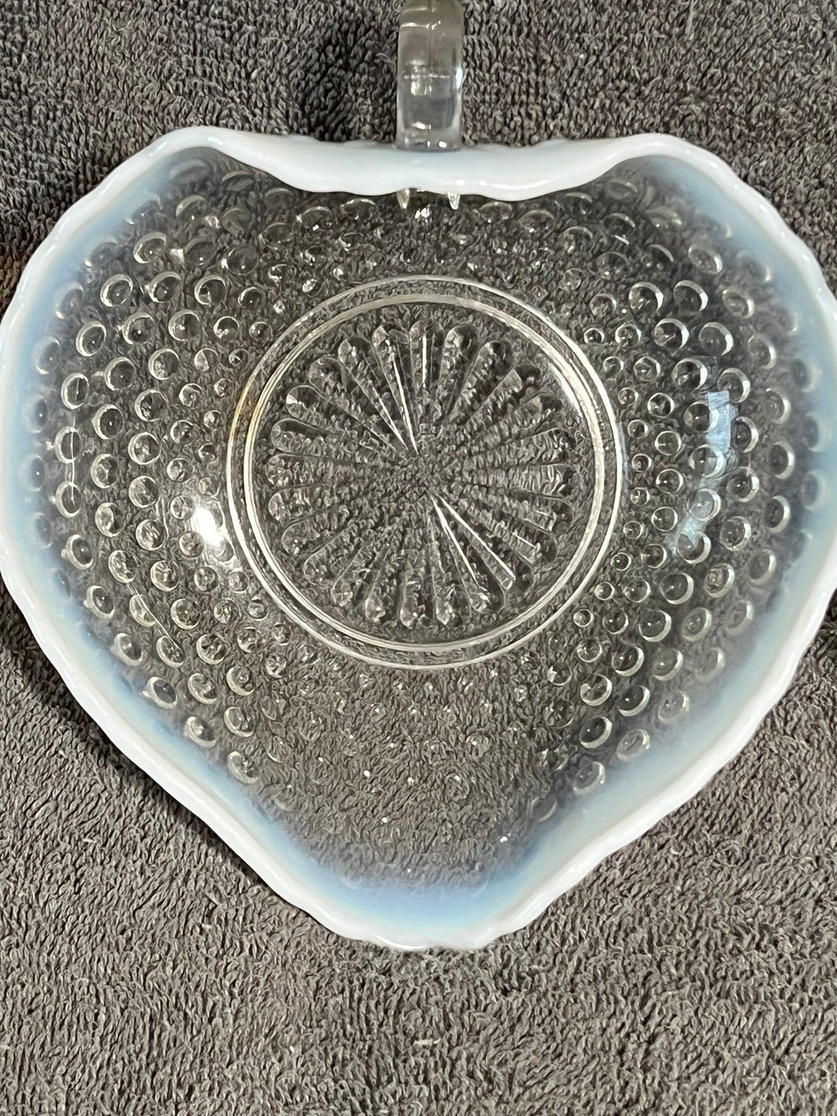 Pair of Vintage Fenton Hobnail Moonstone Opalescent Heart Shaped Dishes
