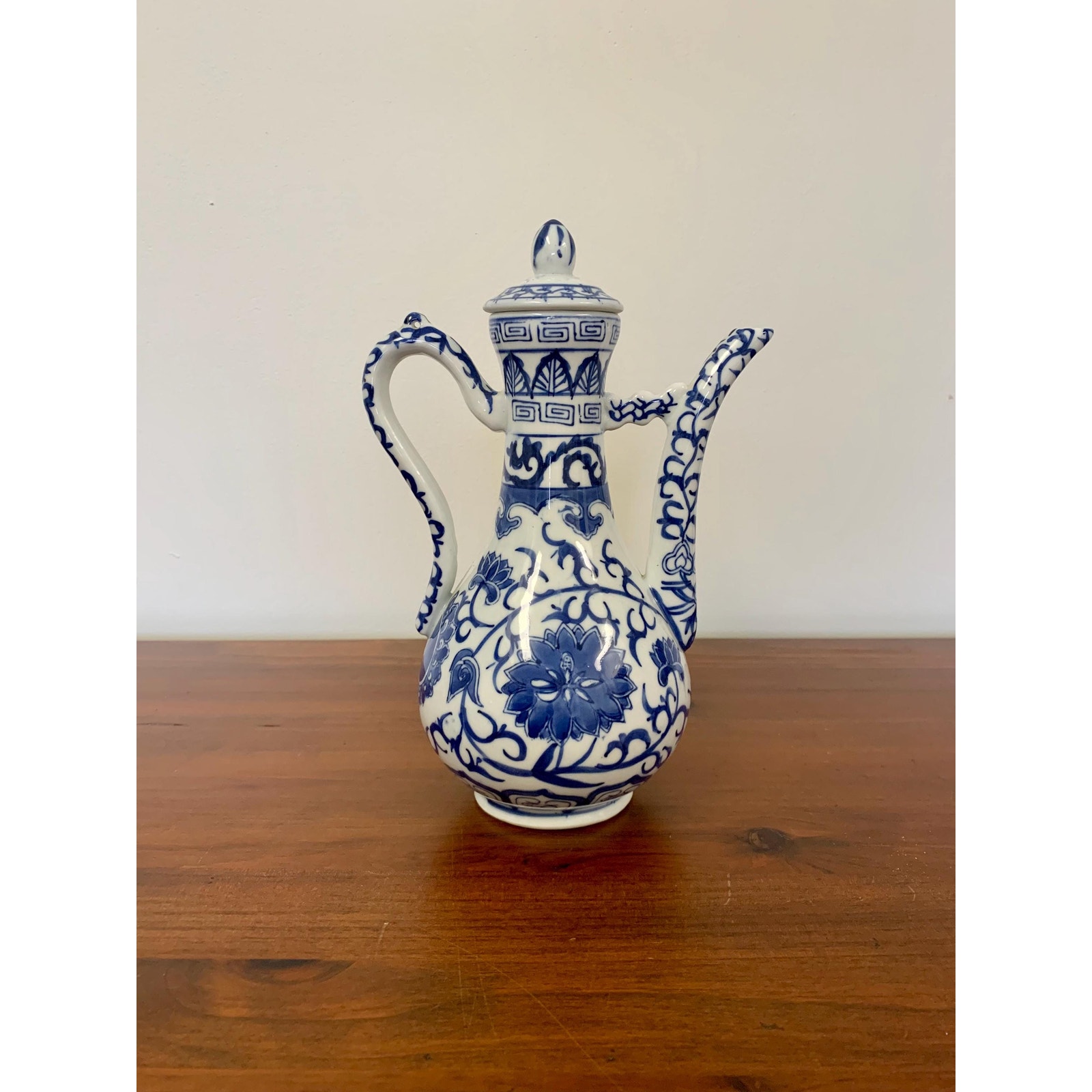 Vintage Chinoiserie Blue & White Porcelain Ewer Teapot with Lid