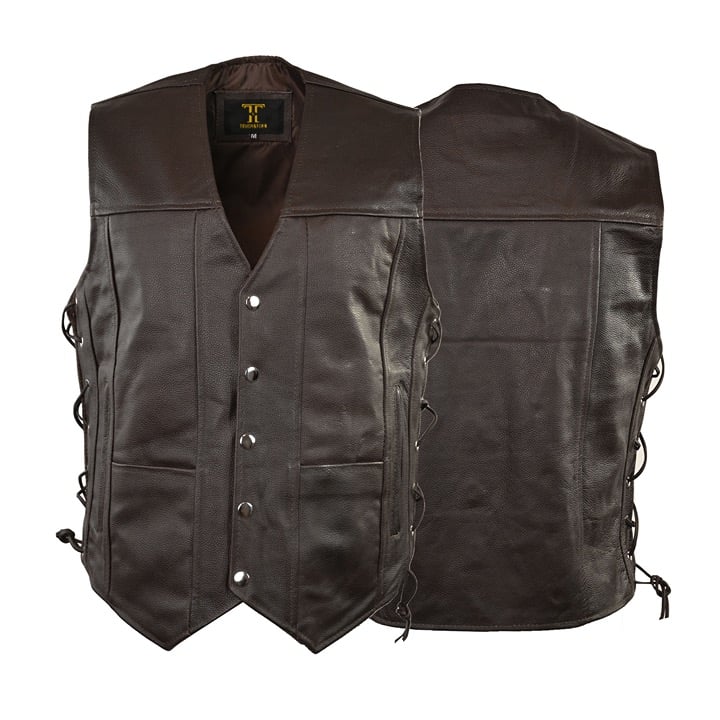 Motorcycle Leather Vest for Men With Concealed Pocket Adjustable Laces