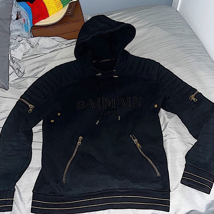 Authentic Balmain Black Ribbed Logo Gold Trim Biker Hoodie