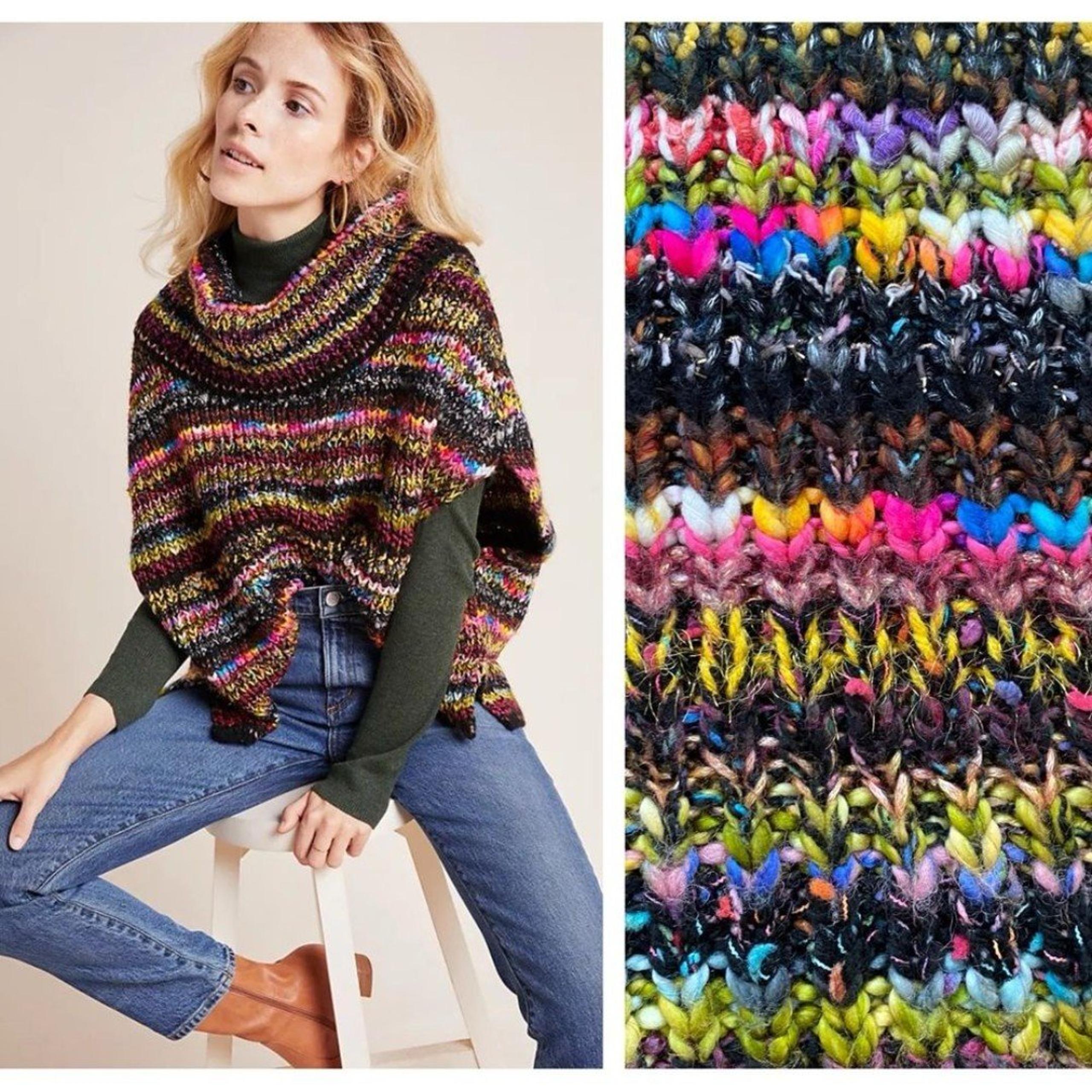 Anthropologie Colorful Piera Knit Turtleneck Poncho Chunky Knit Sweater