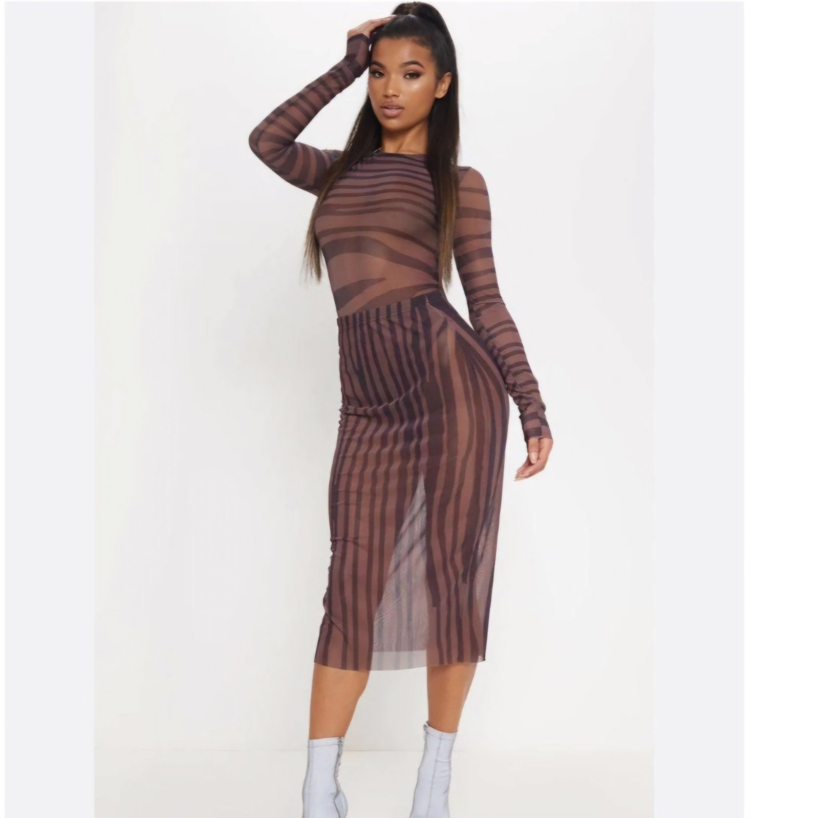 NEW! LUSCIOUS MESH BROWN PRINTED MIDAXI & BODYSUIT SIZE 0