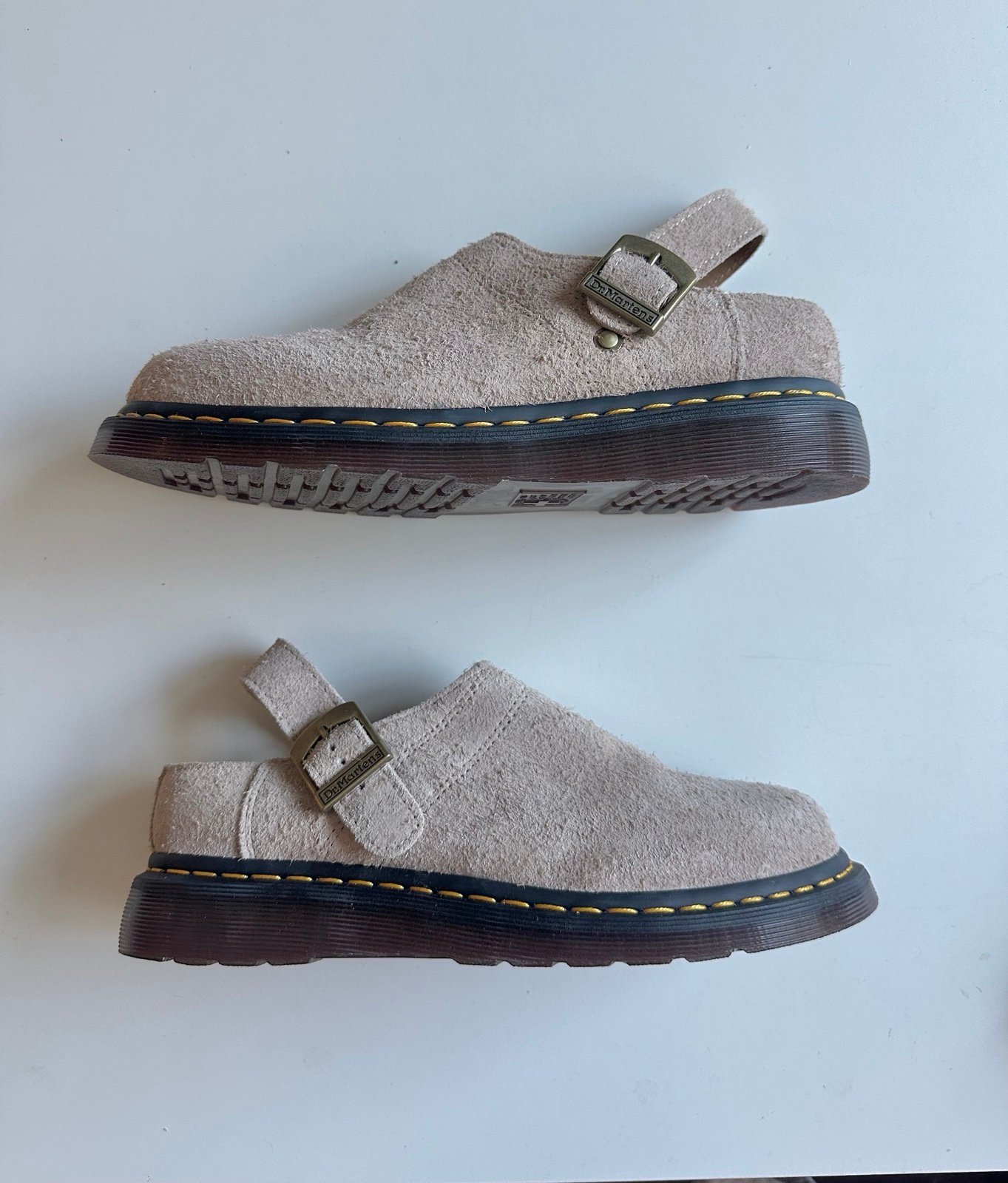 NEW Dr. Martens Isham Faux Shearling Lined Suede Slingback Mules Vintage Taupe 9