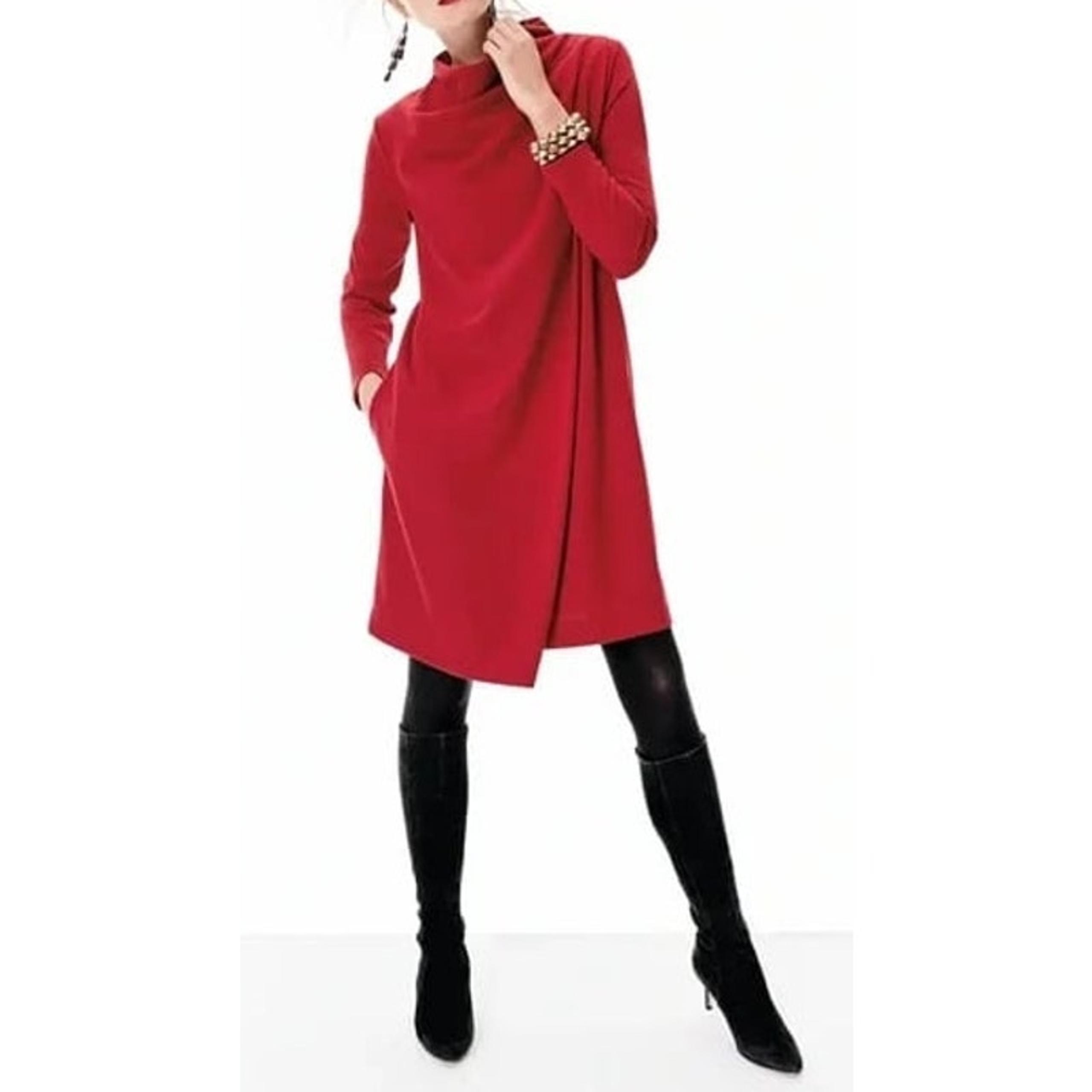Joan Vass Jersey Knit Dress L Red Drape Front Long Sleeve Cowl Neck Effortless