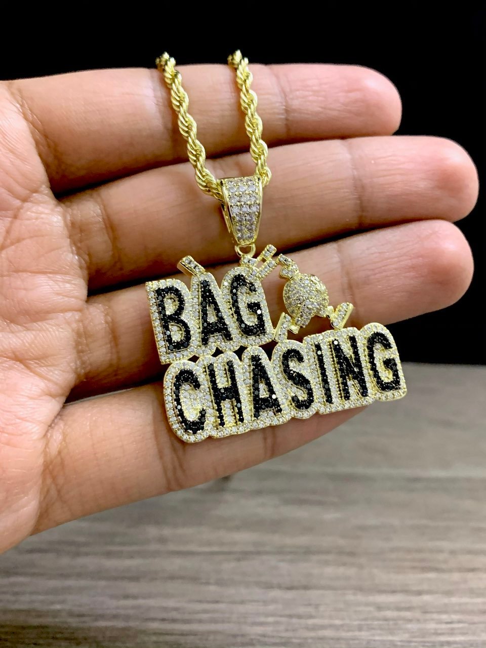 14k Gold Diamond Custom Bag Chasing Pendant With Rope Chain