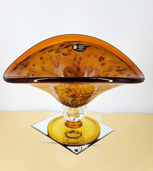 1960 White Cristal Italian Murano Style Large Pedestal Bowl Honey Amber & Brown