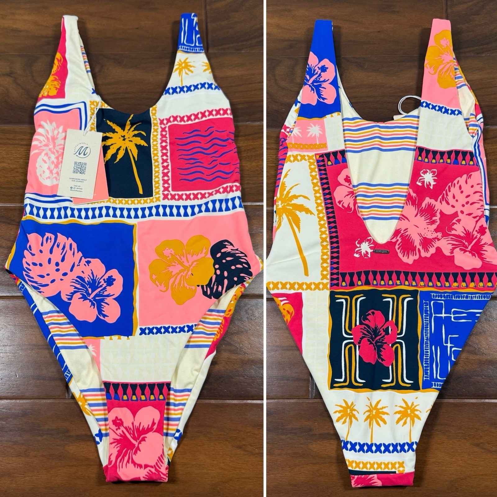 Maaji Size Medium Paradise Postals Stripe Reversible Claire One Piece Swimsuit