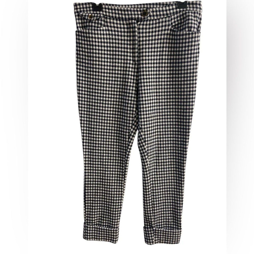Anthropologie the essential crop flare Gingham black white pants Sz 8