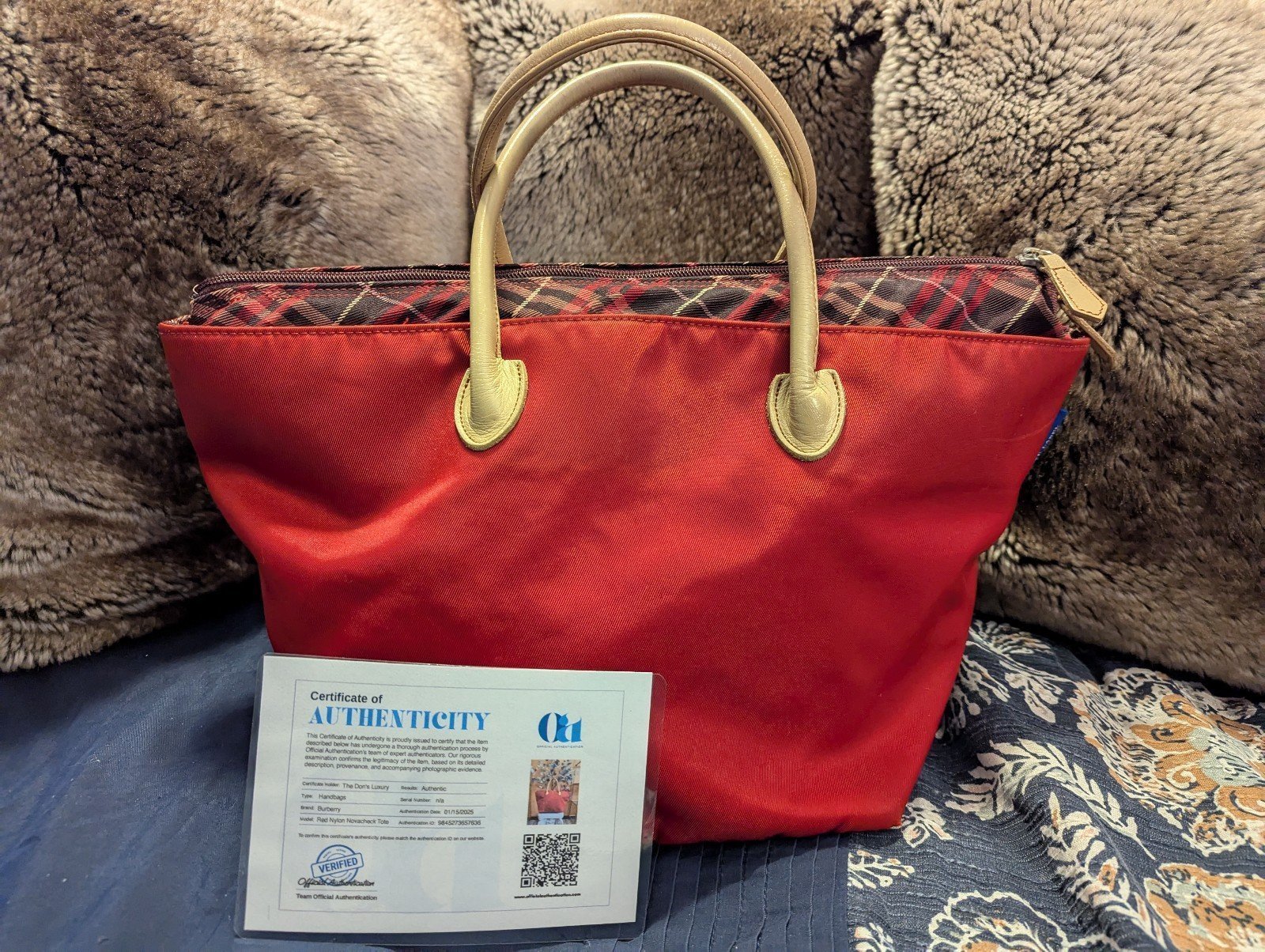 BURBERRY BLUE LABEL RED NOVACHECK NYLON TOTE BAG