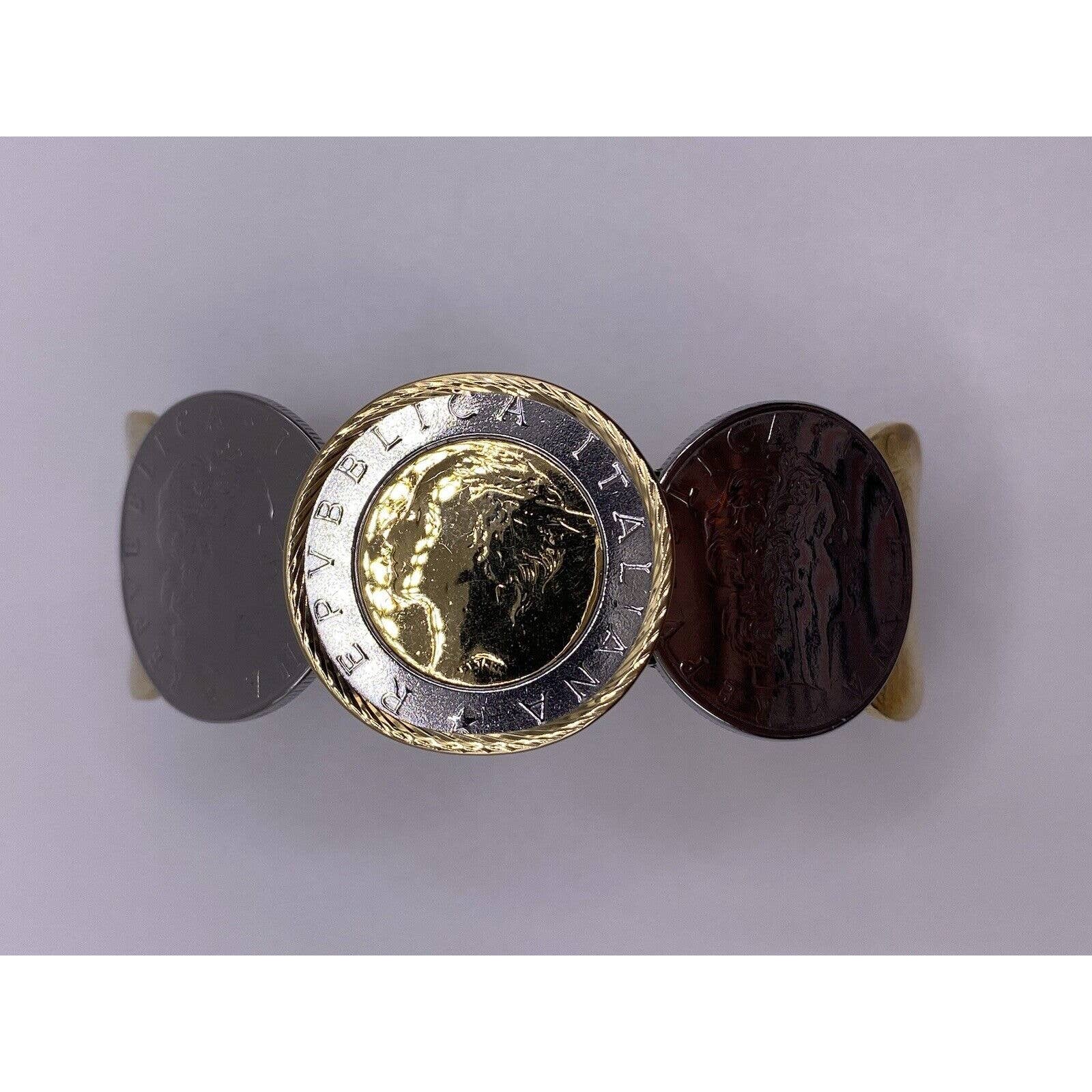 Milor Italy 14K Gold bezel stainless Italian Repvbblica L 500 Coin Bracelet