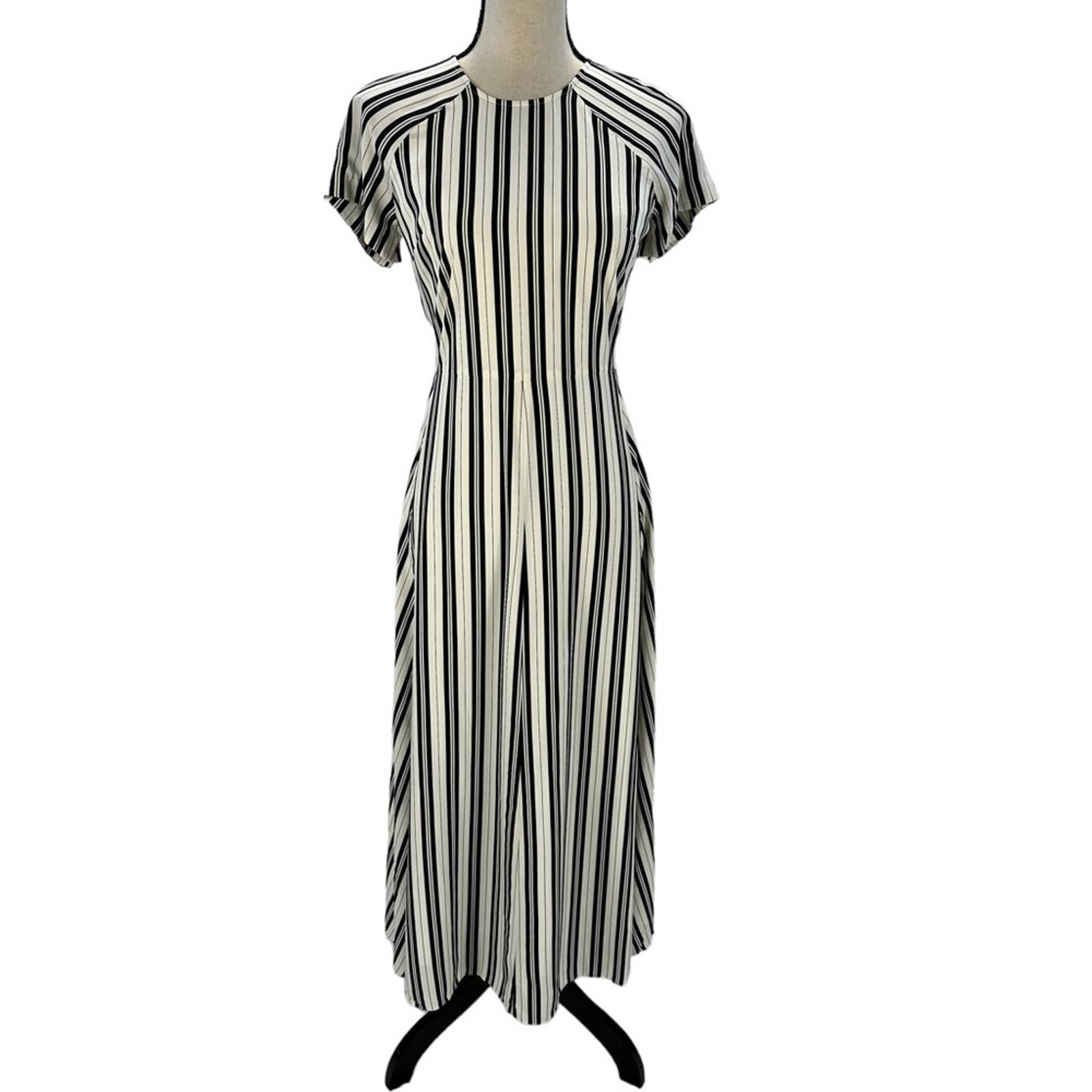 Club Monaco Short Sleeve Crew Neck A Line Striped Midi Dress - White Black - 00