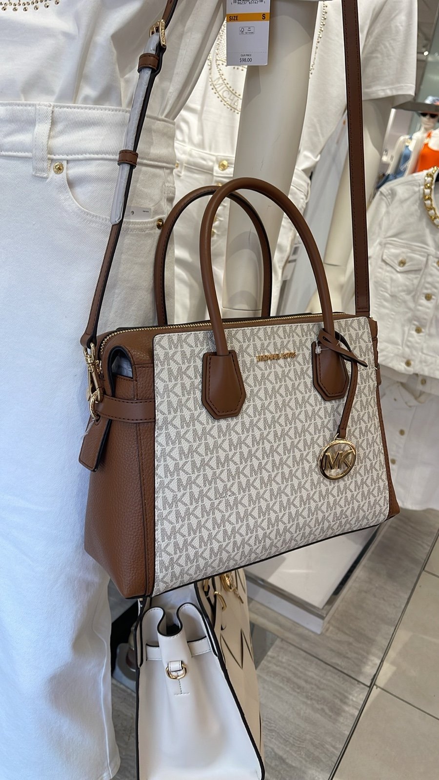 MICHAEL KORS Mercer Medium Logo and Leather Belted Satchel Crossbody Vanilla NWT