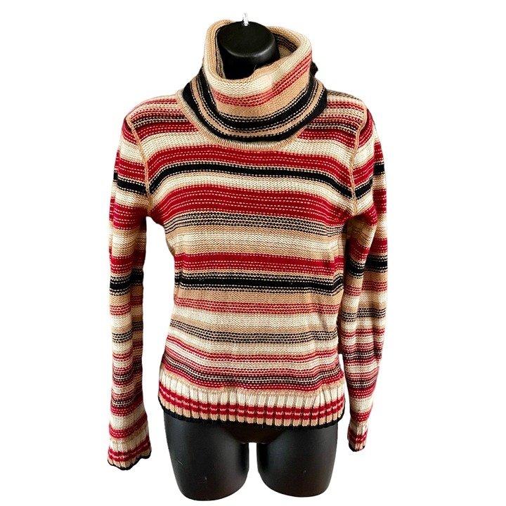 White + Warren VTG Size S Cashmere Knit Striped Turtleneck Cream Black Beige Red