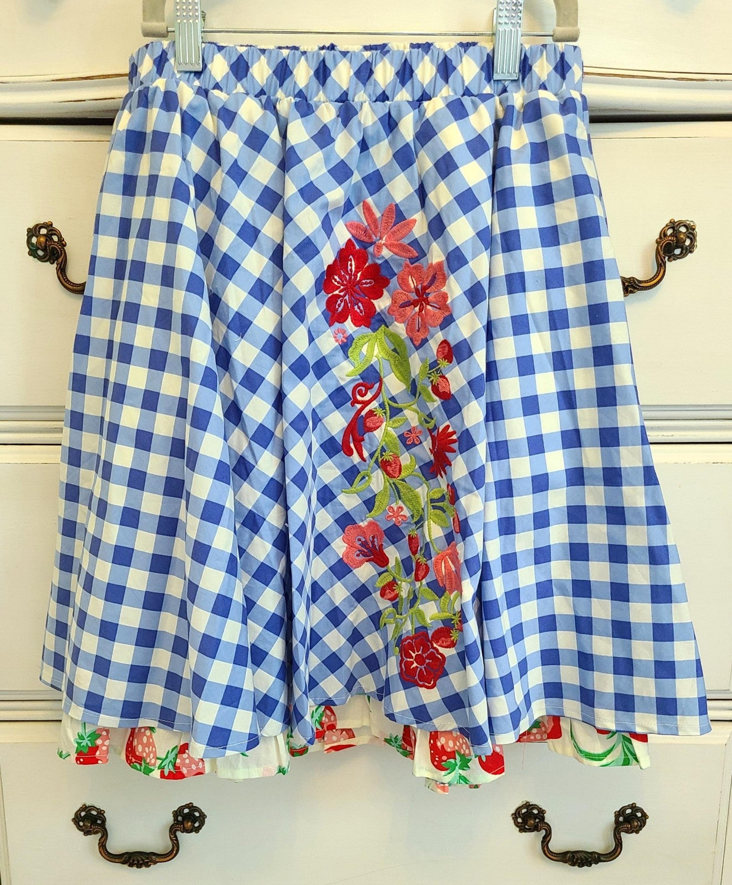 Blue gingham A-line skirt with strawberry lining by Matilda Jane, NWT, size XS