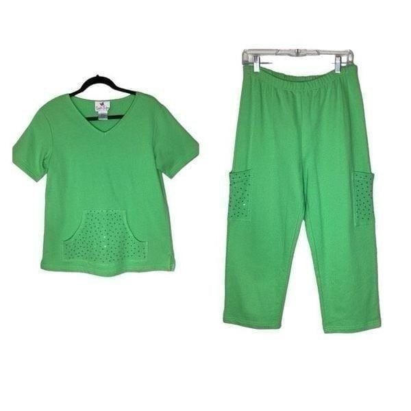 Quacker Factory Green Cotton Sequin Embellished Two Piece Jogger Set Size S