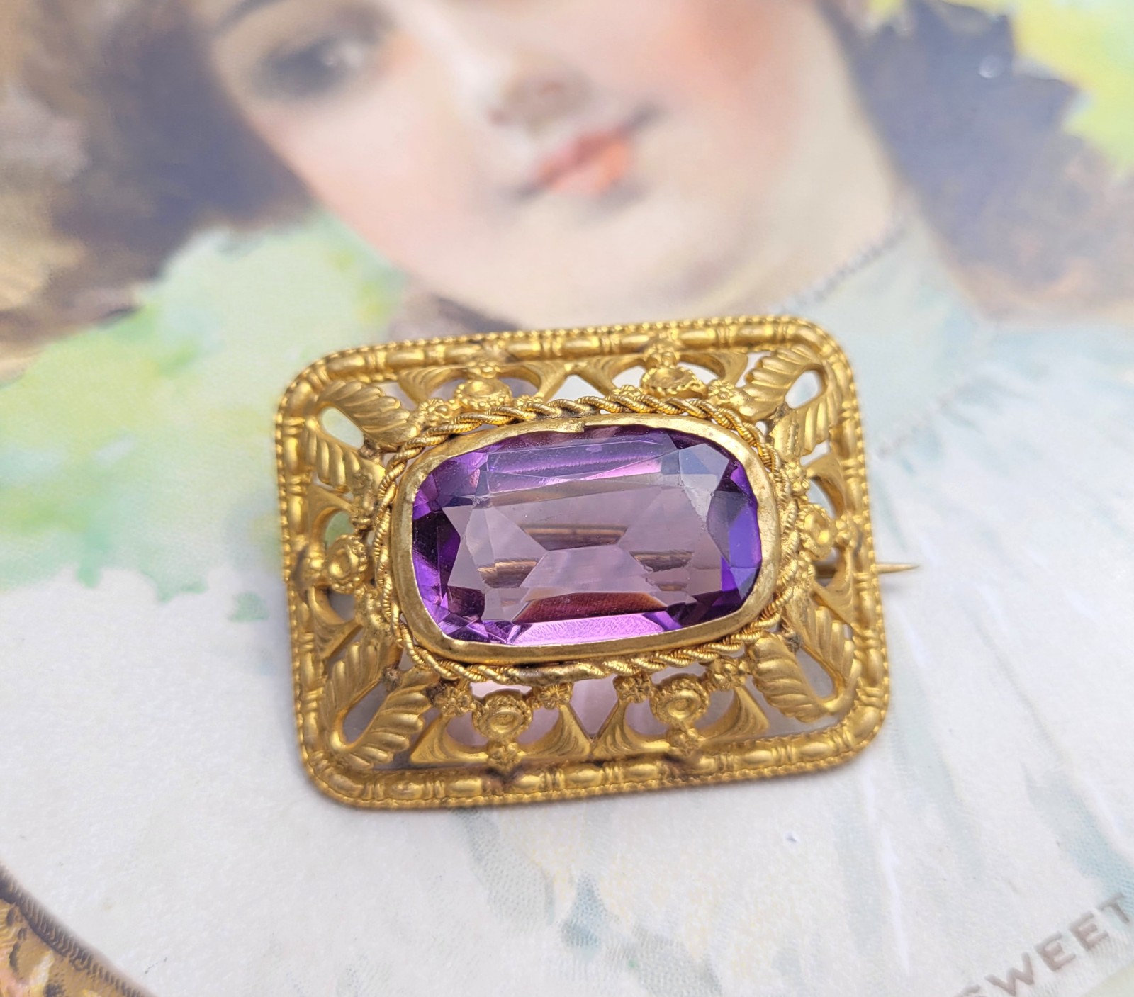 Antique Victorian Art Nouveau Purple Paste Gold Filled Ornate Brooch Pin Vtg