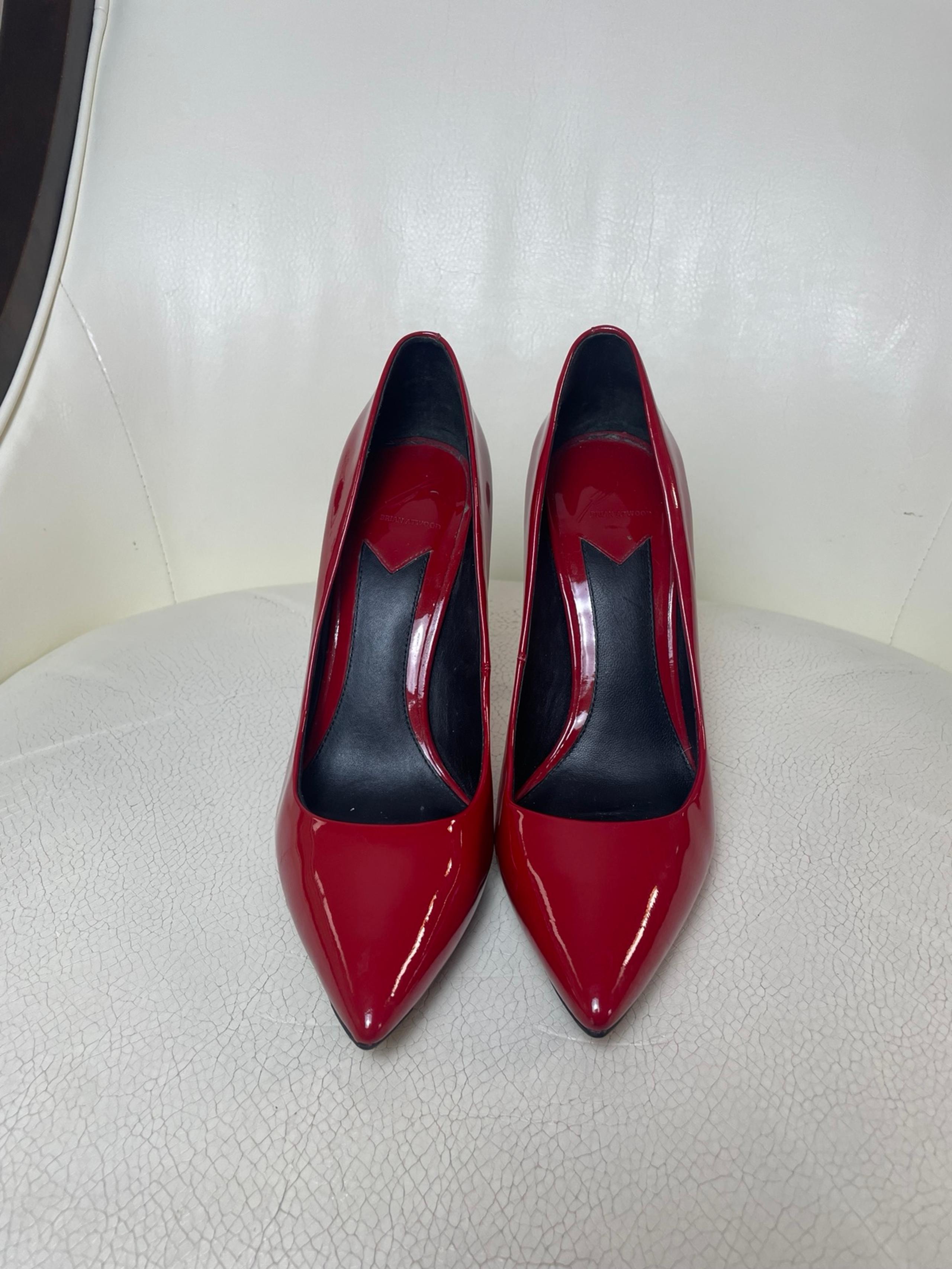 Brian Atwood | Women’s Cherry Red Gold Spike High Heel Stiletto Pumps Size 8.5