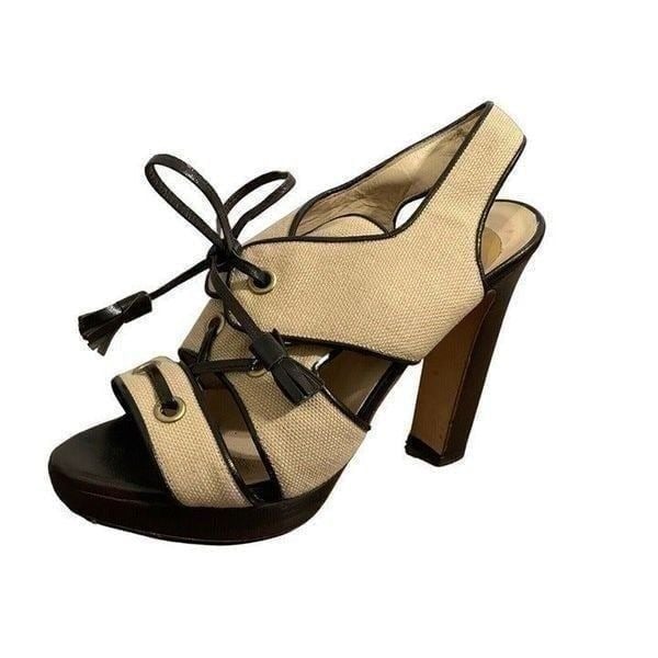 bottega veneta Authentic Beige Brown lace up Block High Heel slingback Sandals 6