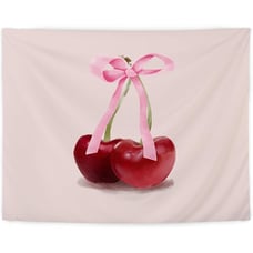 Coquette Pink Bow Cherry Tapestry, Preppy Trendy Girly Aesthetic Wall Hang Decor