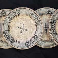 Furio Home Madrid Salad Plates 8-1/8 (5) Stoneware Tan w Blue Rim Architectual