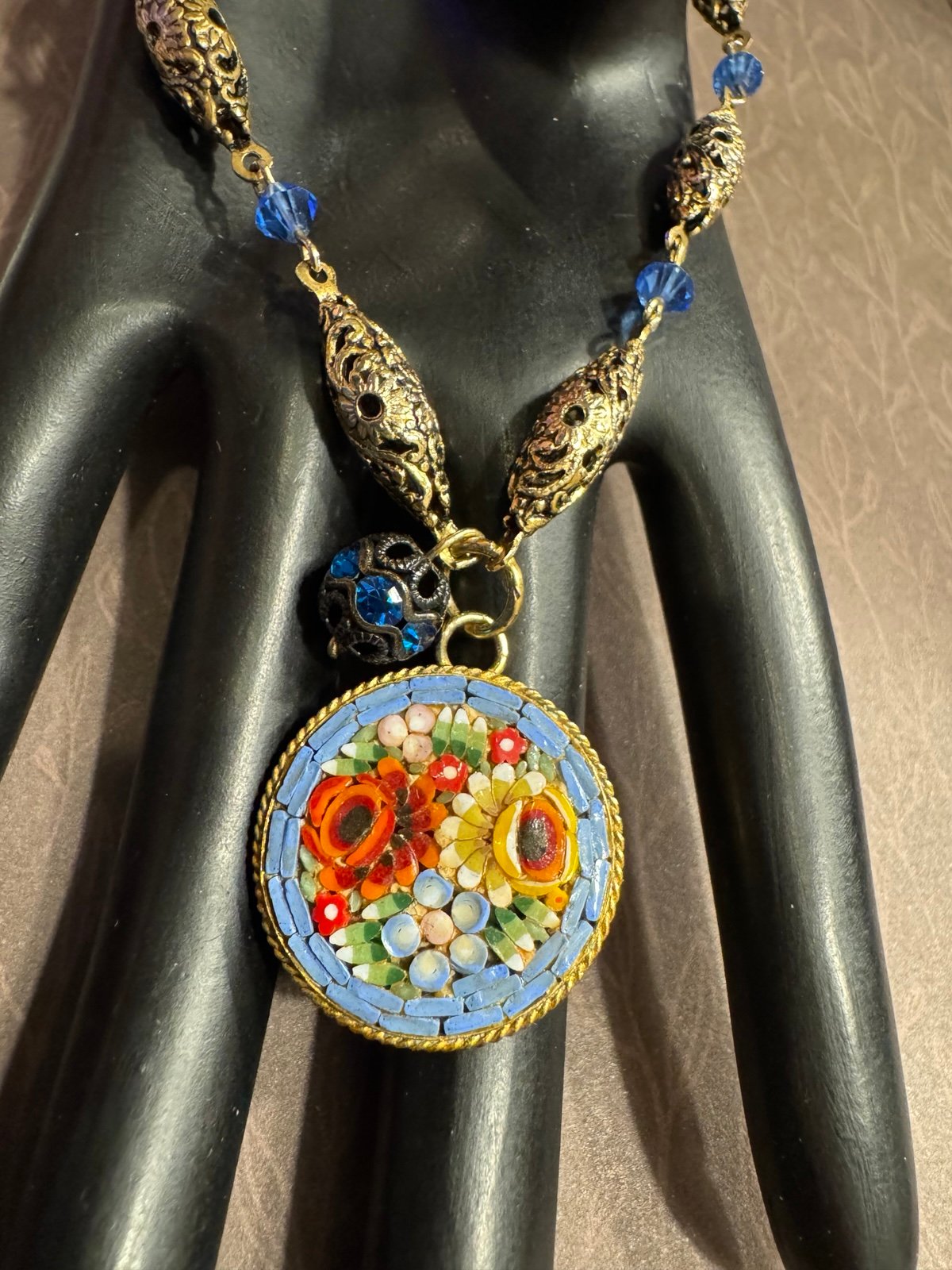 Vintage Micro Mosaic Pendant Necklace Blue Glass Filigree Bead Micro Mosaic