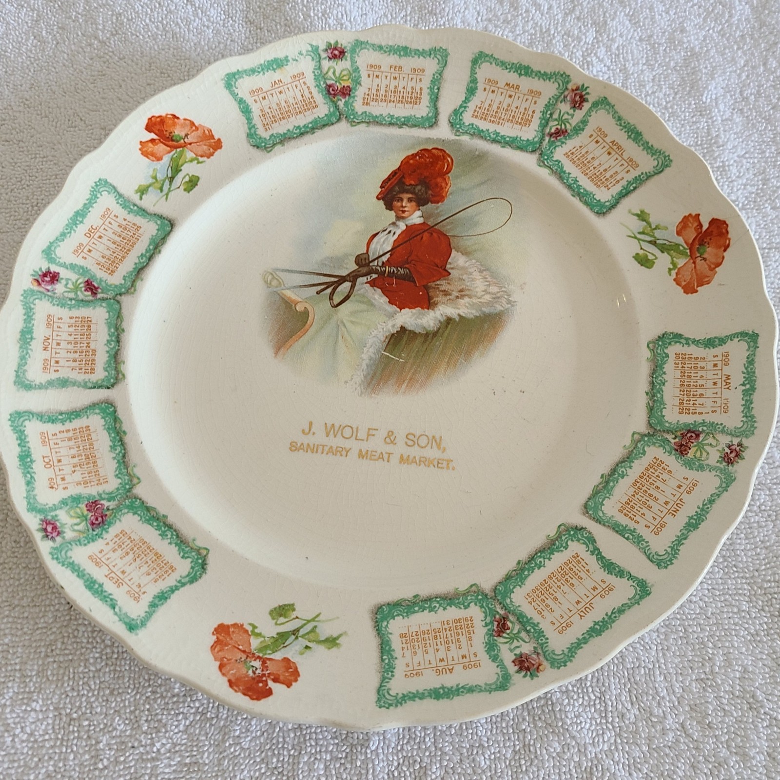 Antique calendar plate Edwardian advertising 1909