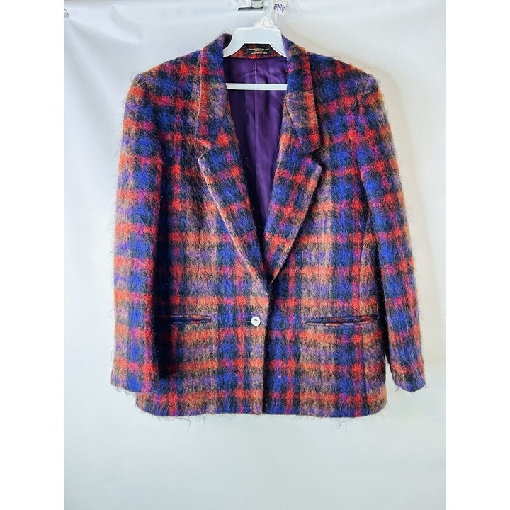 VTG 80s Womens M Mohair Wool Rainbow Plaid Oversized Blazer Jacket Streetwear