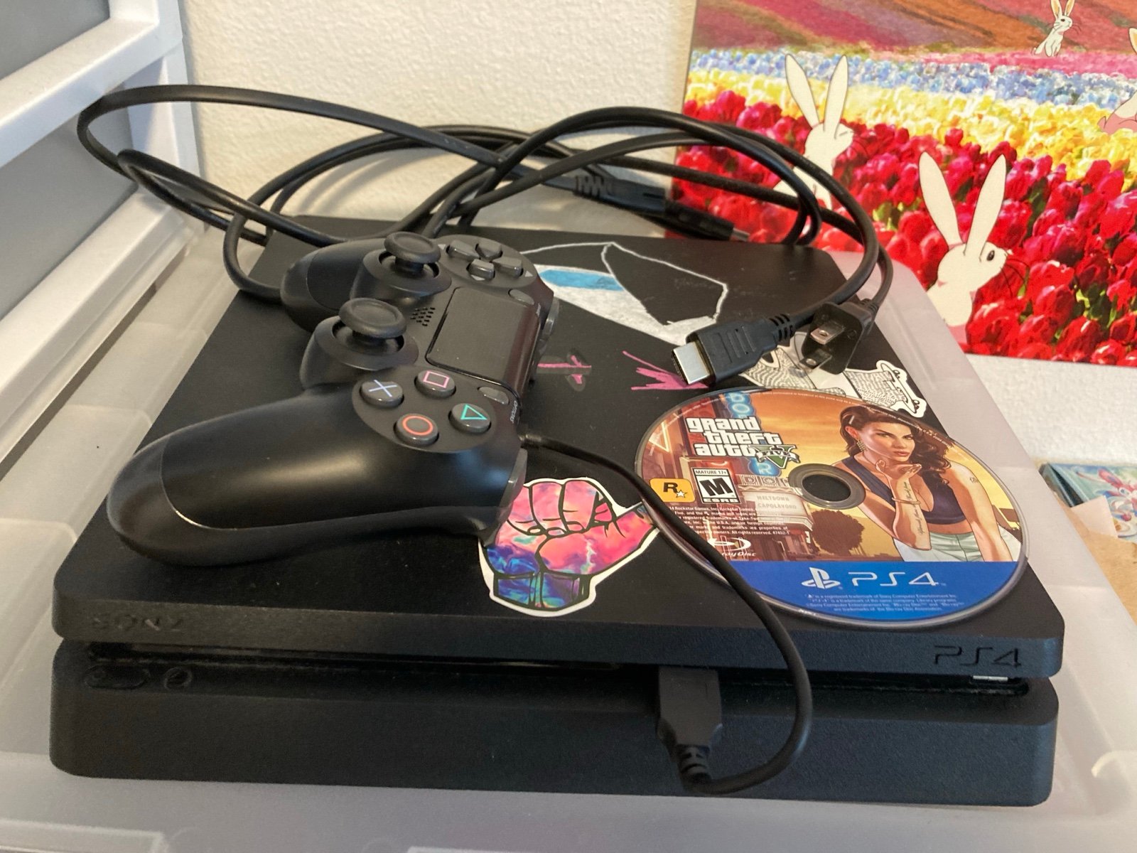 PS4 Slim 1TB Complete Console + GTA V disc (aesthetic issues) Works Great (OBO)