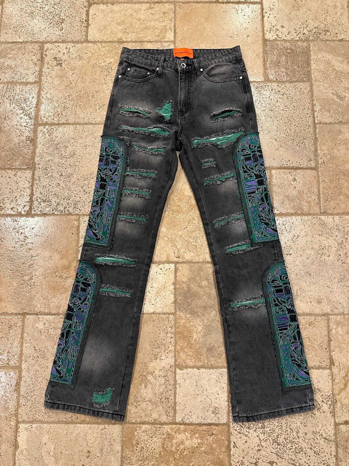 Who Decides War WDW Catherdral Patch Fusion Flare Charcoal Black Denim