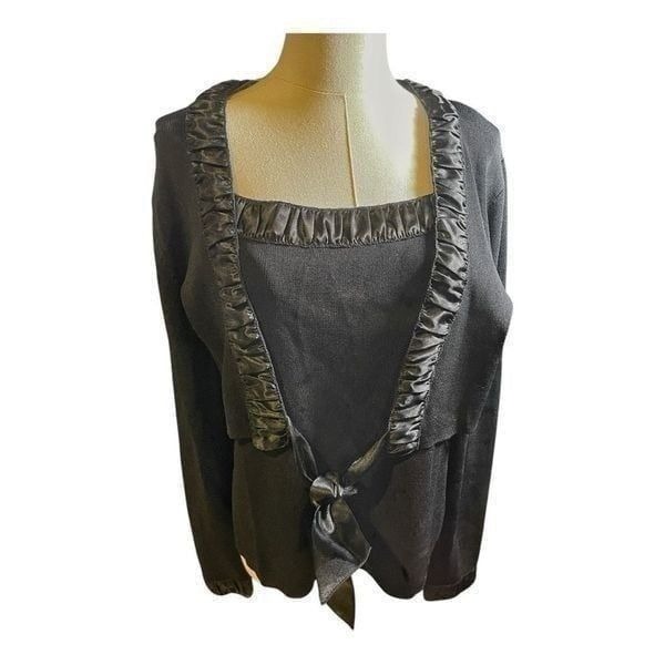 Bob Mackie Black Satin Trimmed Tie Front Sweater Size Large