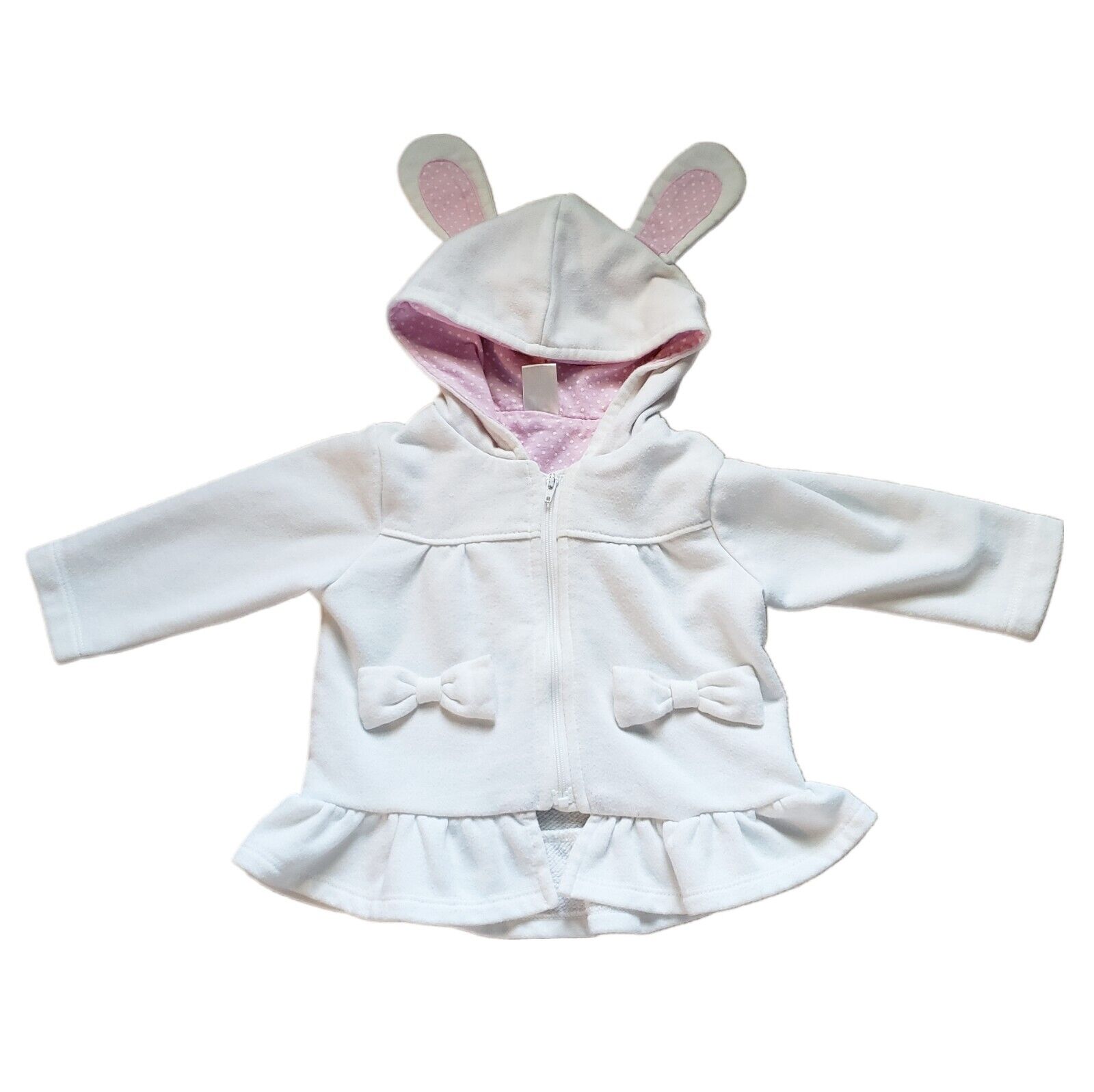 Motherways Japan 12M Baby White Zipper Jacket Bows Bunny Hood 76CM Pink Dot