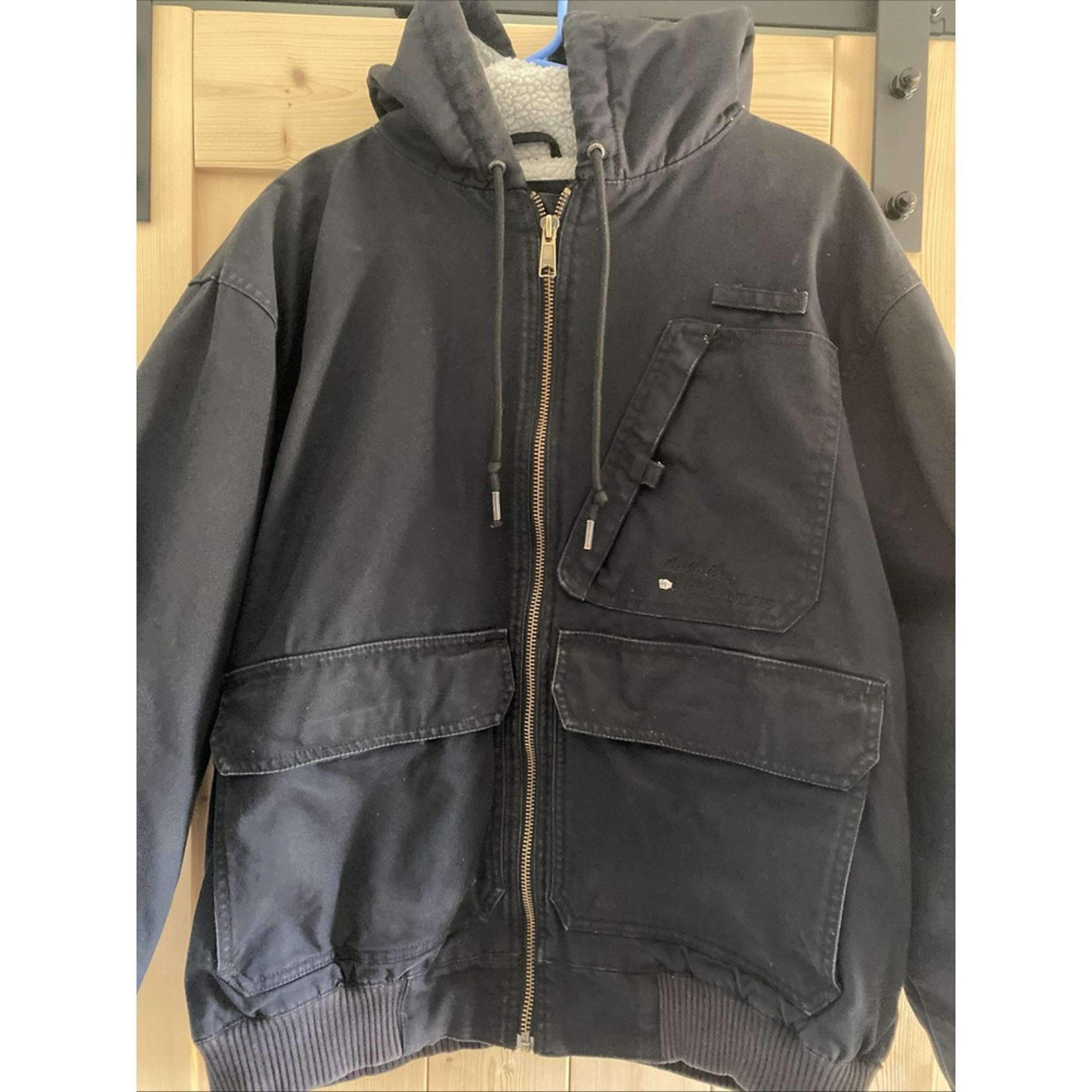 Cabelas Roughneck Jacket Men Sz L Black Cotton Canvas Sherpa Lined Hooded rugged