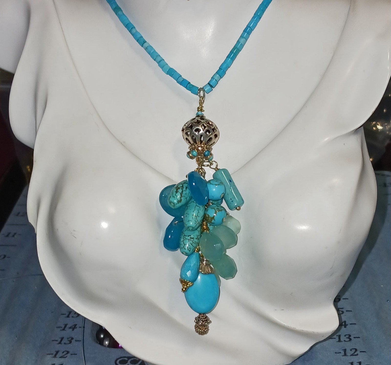 Vintage Necklace 925ss turquoise blue chalcedony aquamarine Larimar 19