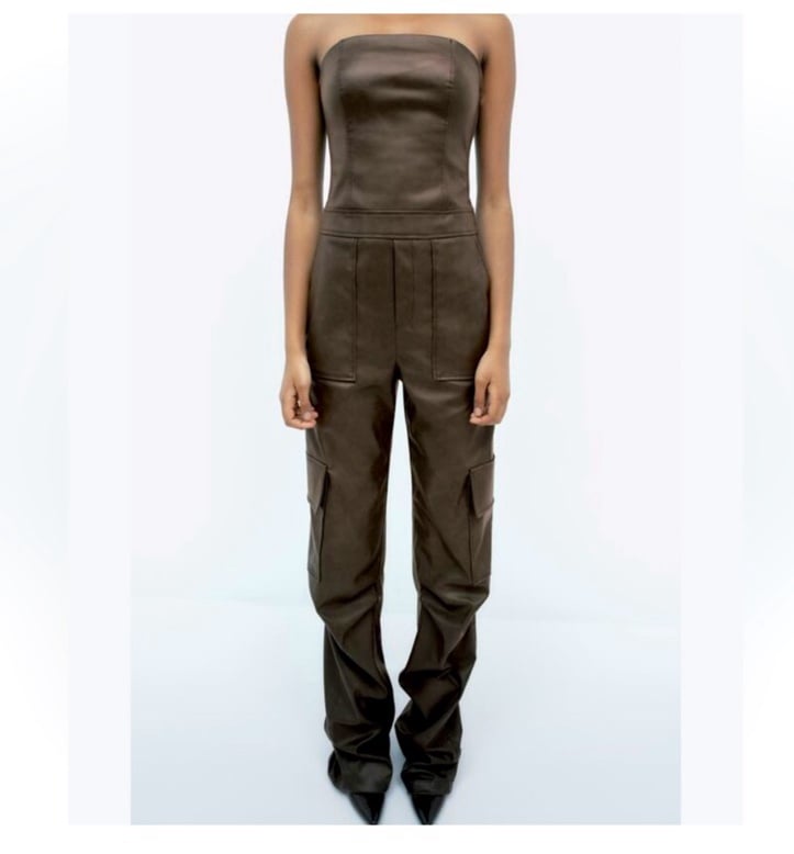 Zara faux leather strapless cargo jumpsuit