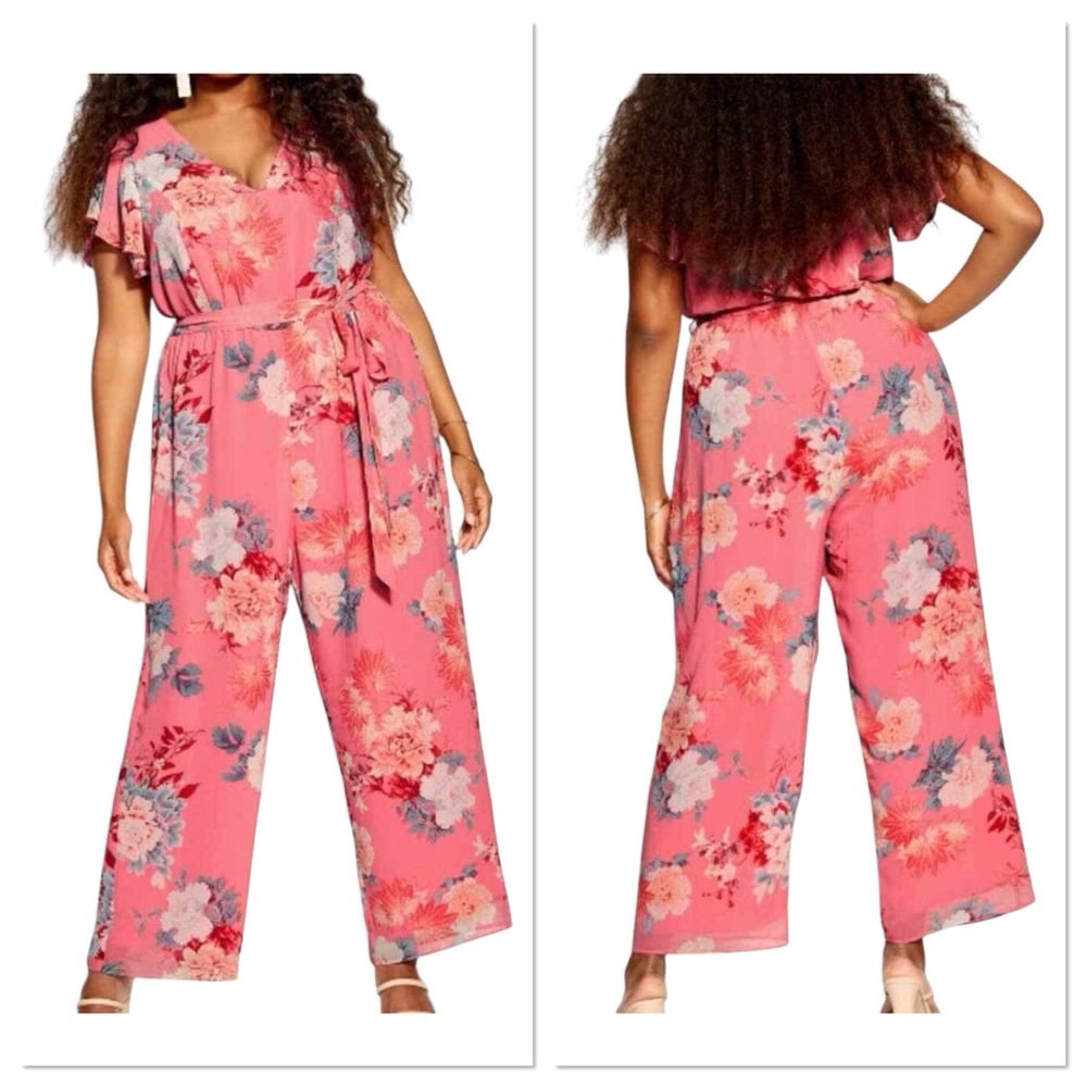 City Chic Jumpsuit Summer Flirt Floral Pink Wide Leg Ruffle Waist Belt M/18